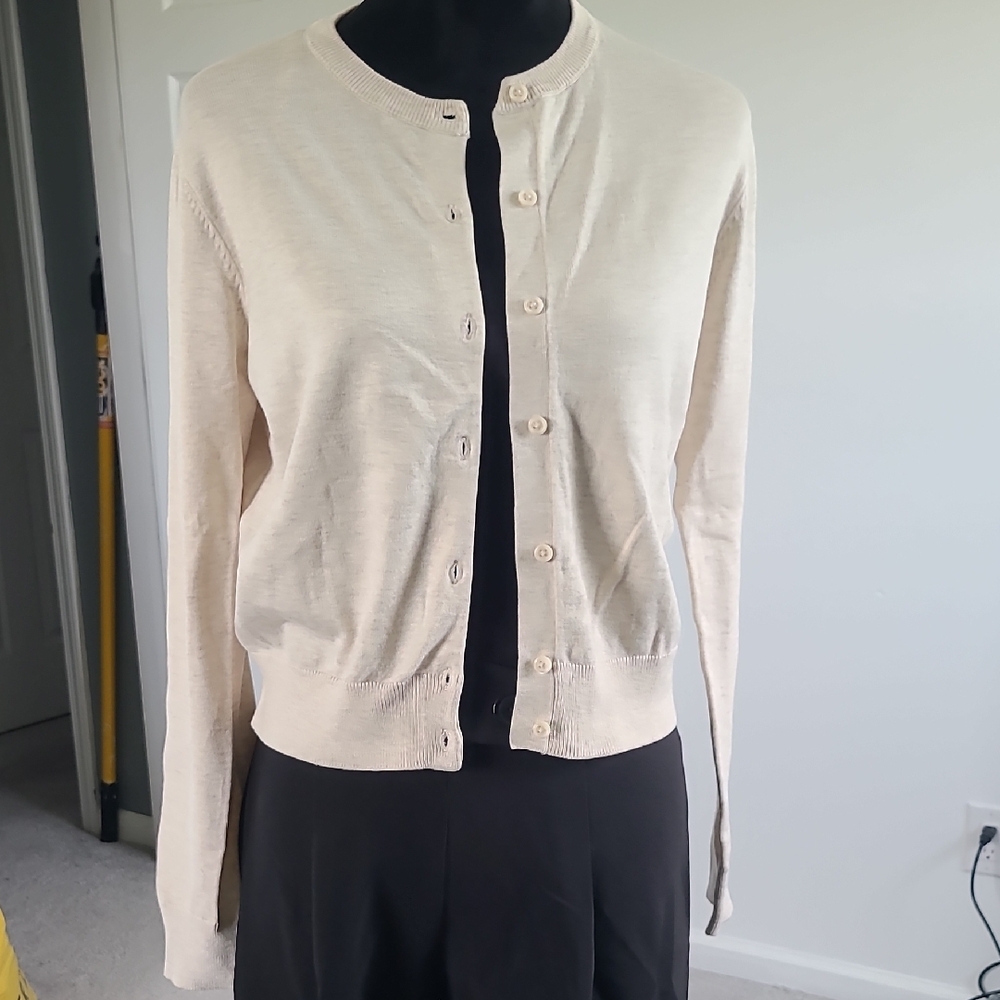 Cream Knit Cardigan with Black Trim